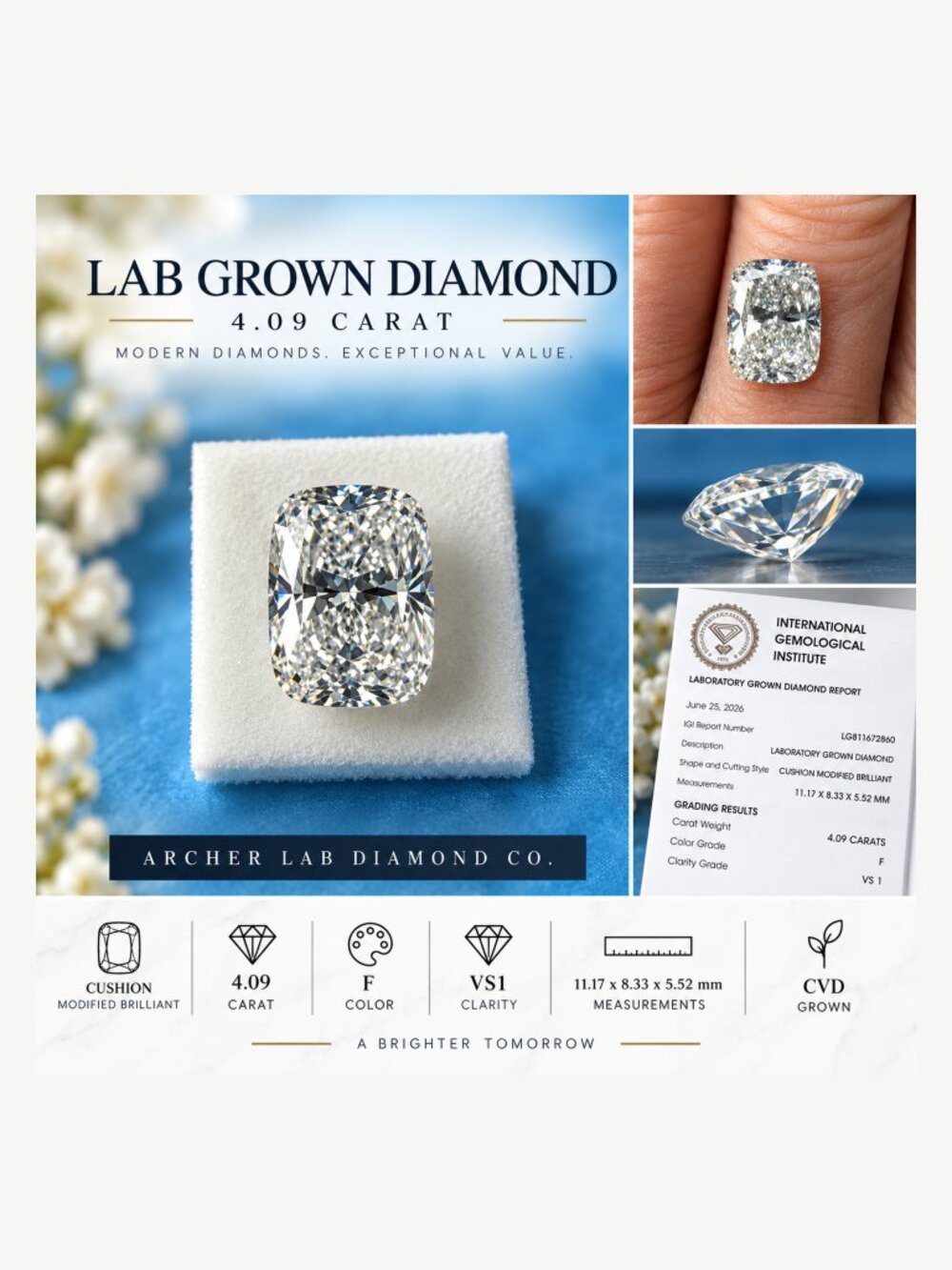 3.04 CT Cushion Lab Grown Diamond F VS1 IGI